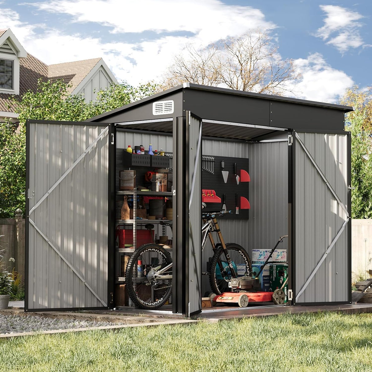 7.5'x4' Outdoor Shed with 3-Lockable Door Black