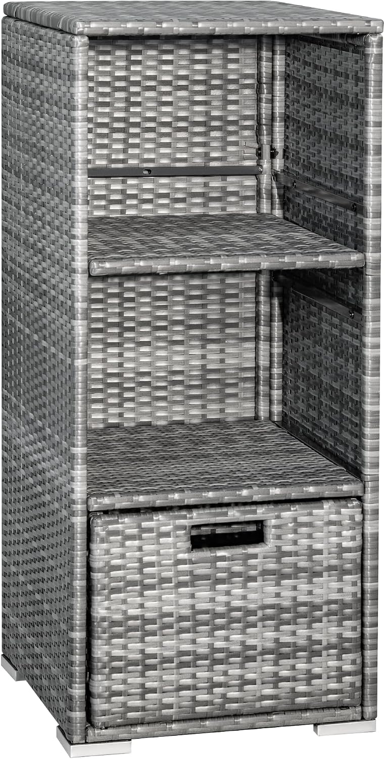 greesum rattan storage shed,outdoor towel rack,grey shown in use