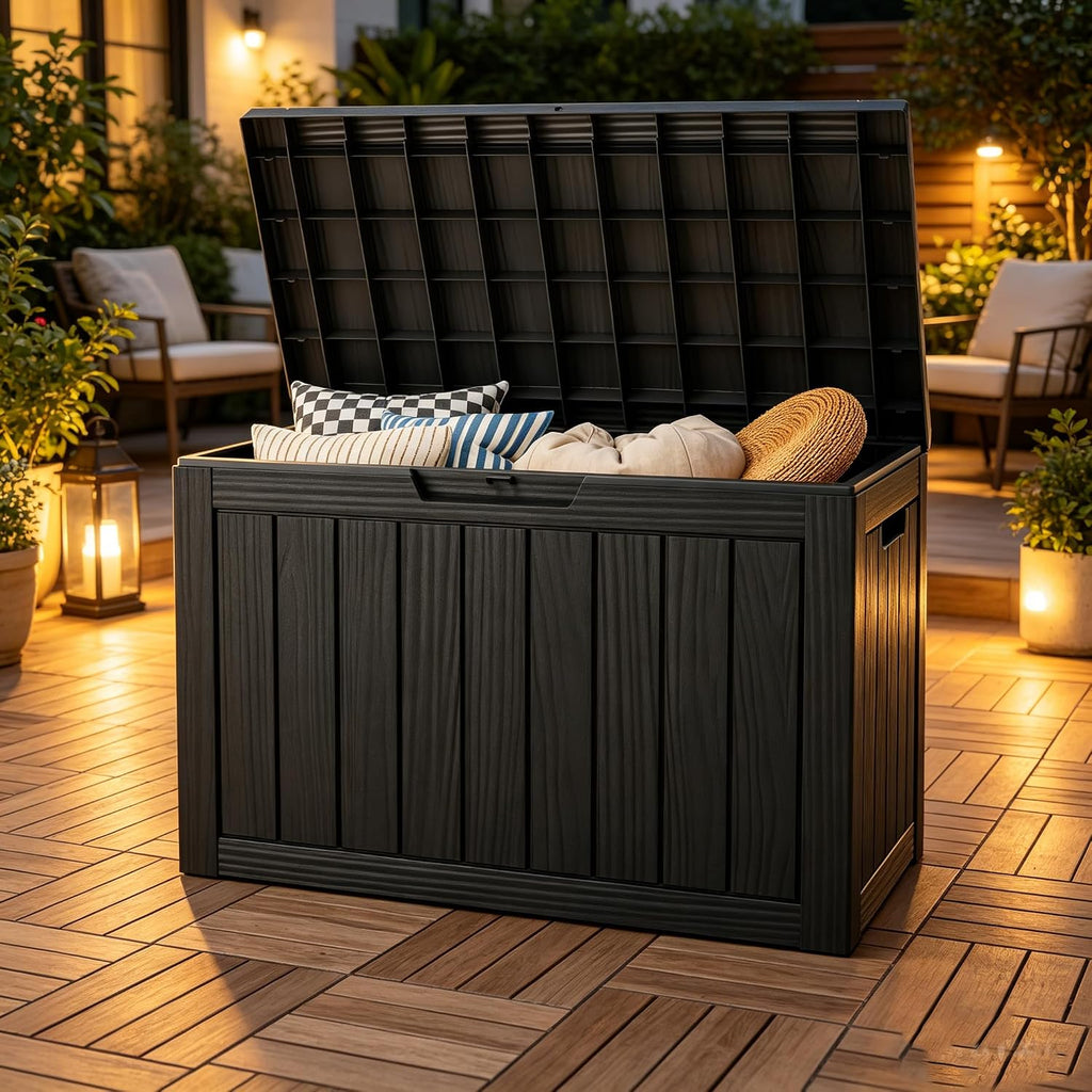 Outdoor Storage Box, Resin Deck Boxes outdoor, Waterproof Storage Box Lockable Lid (Black, 45 Gallon)