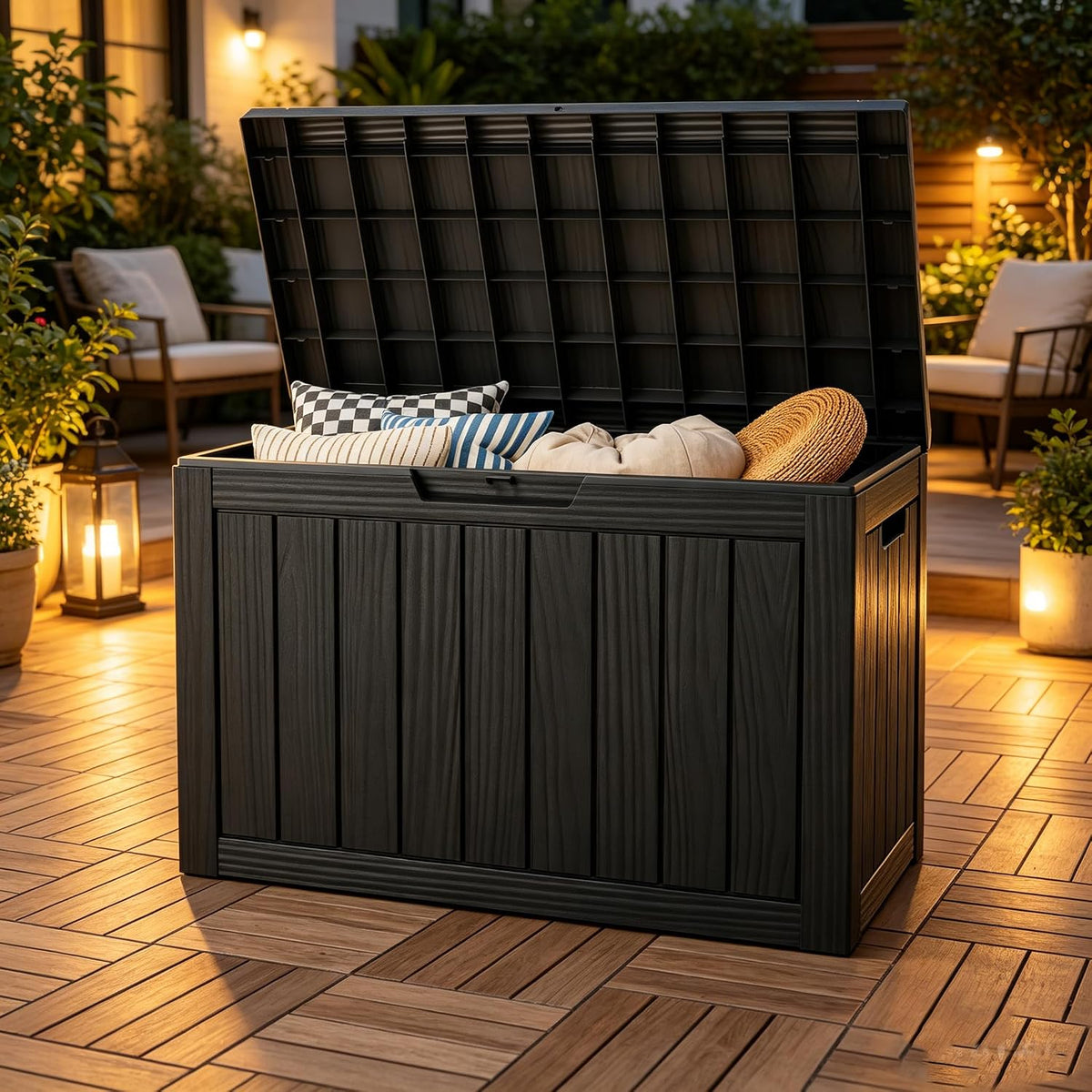 Outdoor Storage Box, Resin Deck Boxes outdoor, Waterproof Storage Box Lockable Lid (Black, 45 Gallon)