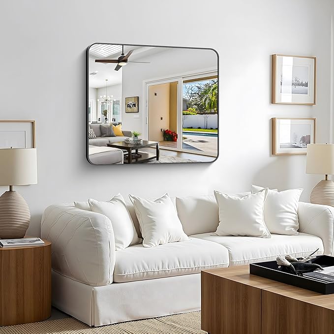 Bathroom Mirror, 36 x 30 inch Metal Framed Black Rectangle Mirror, Rounded