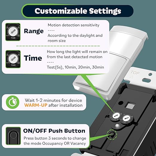 TOPGREENER PIR Motion Sensor Light Switch, Occupancy & Vacancy Motion Sensor (6 Pack)