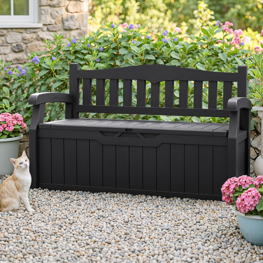homall 75 gallon outdoor storage benches lockable deck shown in use