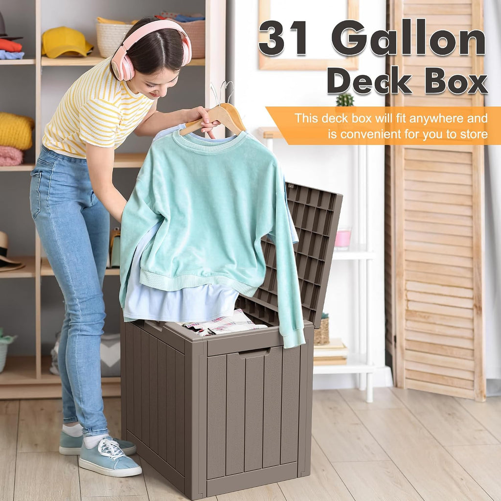 31 gallon outdoor storage box waterproof deck box shown in use