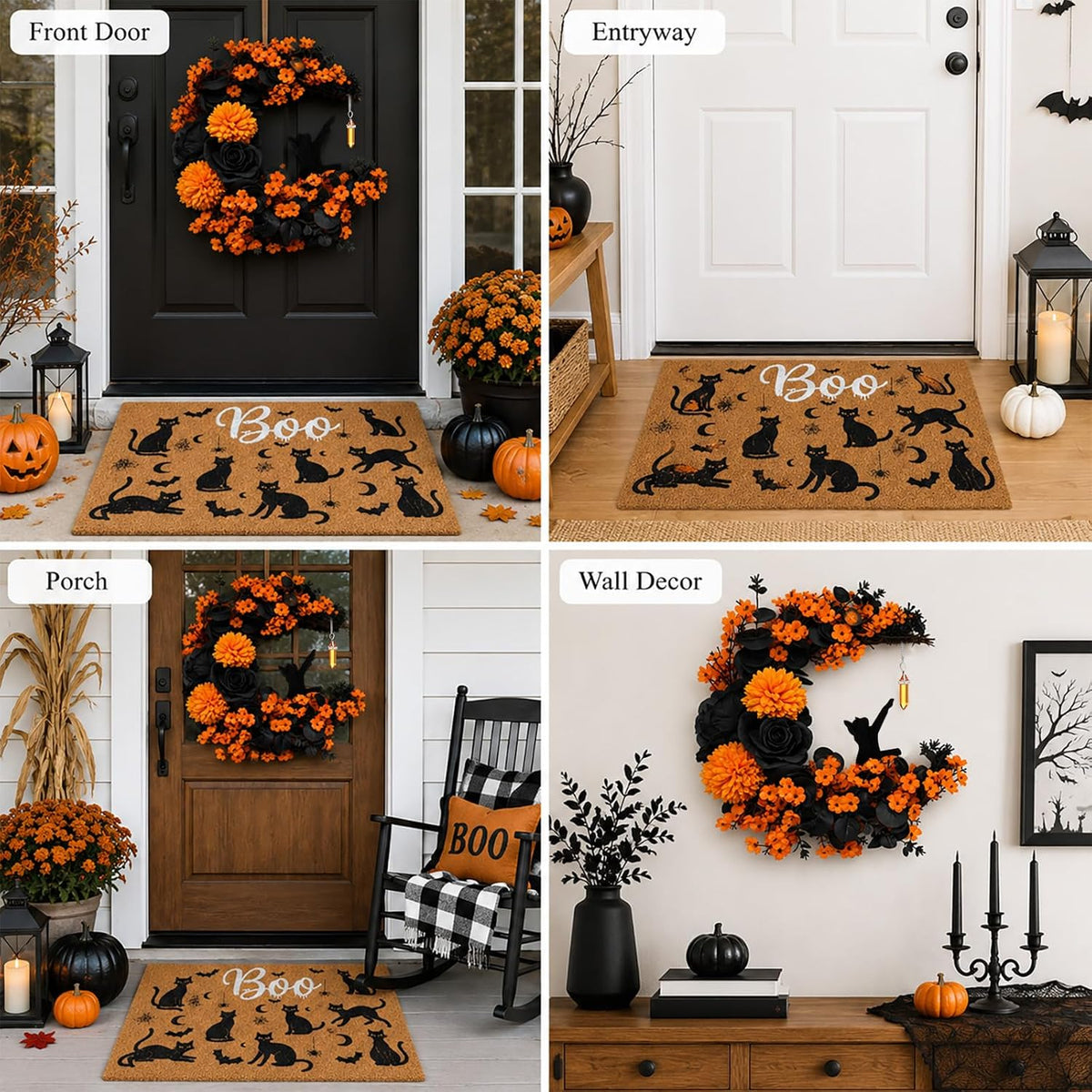 Thiccywoov 2 Pcs Halloween Black Cat Doormat and Wreath Sets for Front Door