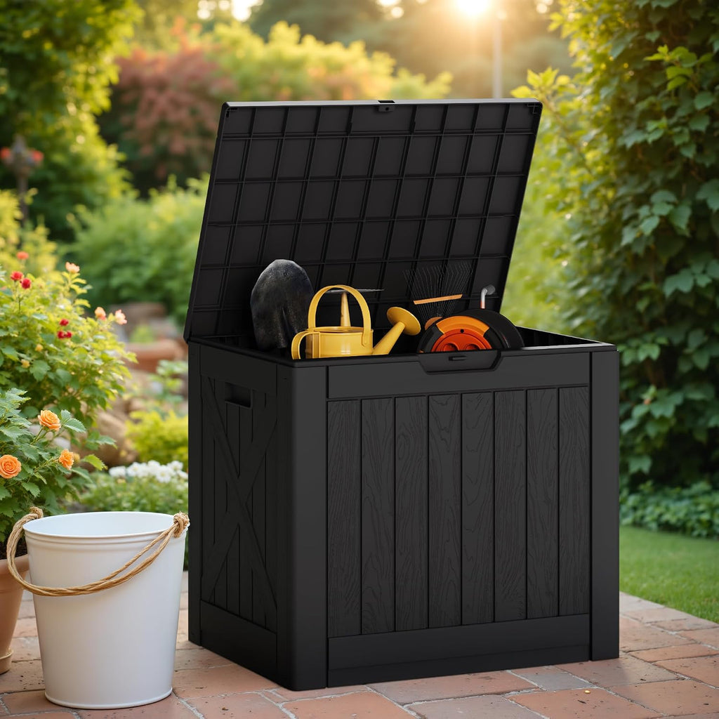 greesum 40 gallon outdoor deck box, resin storage, side view