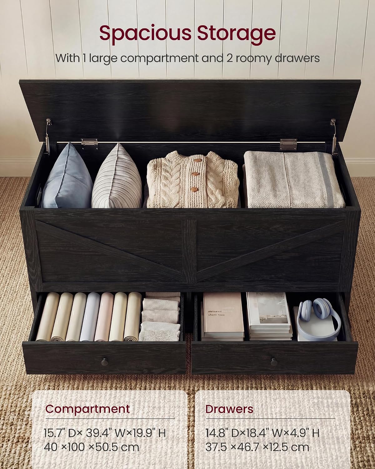 vasagle storage chest with 2 fabric drawers, 15.7, close-up detail