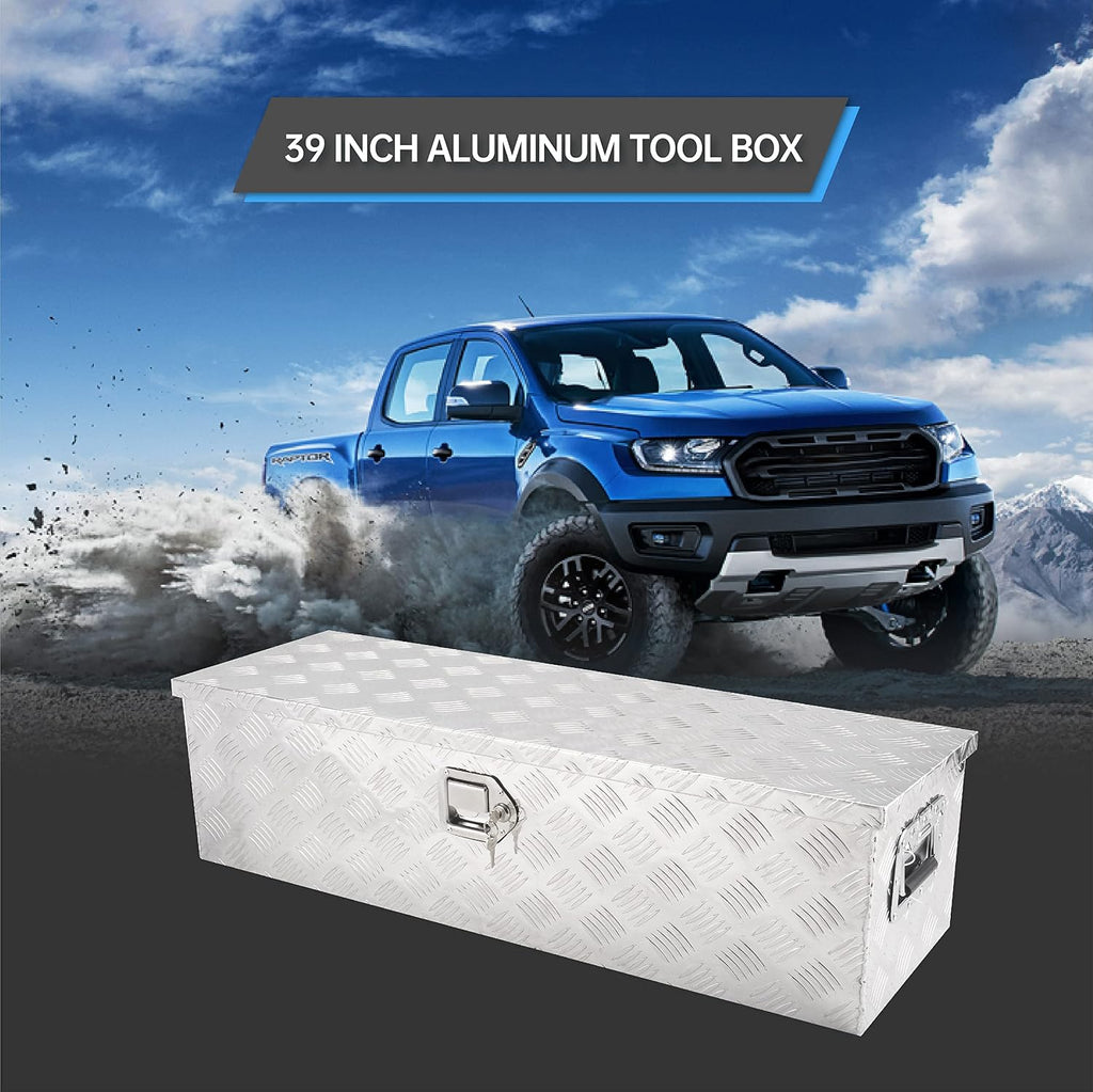 39" aluminum truck tool box with side handle on a desk or shelf