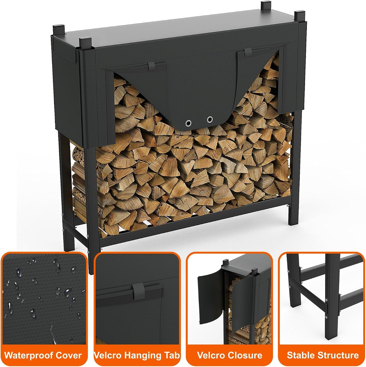 WALMANN Heavy-Duty Firewood Rack with Cover & Firewood Carry Bag, 4 ft