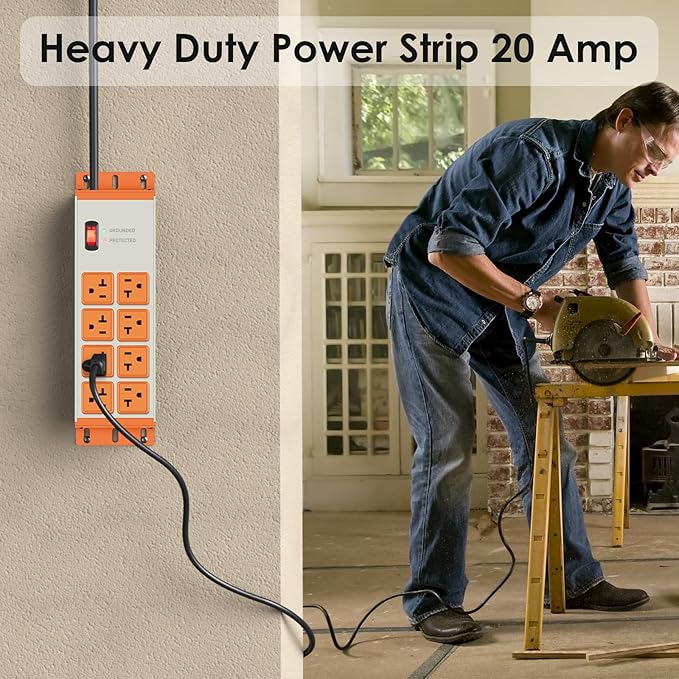 JUNNUJ Heavy Duty 20 Amp Surge Protector 4800J, Garage Metal 8 Outlets 12 Gauge
