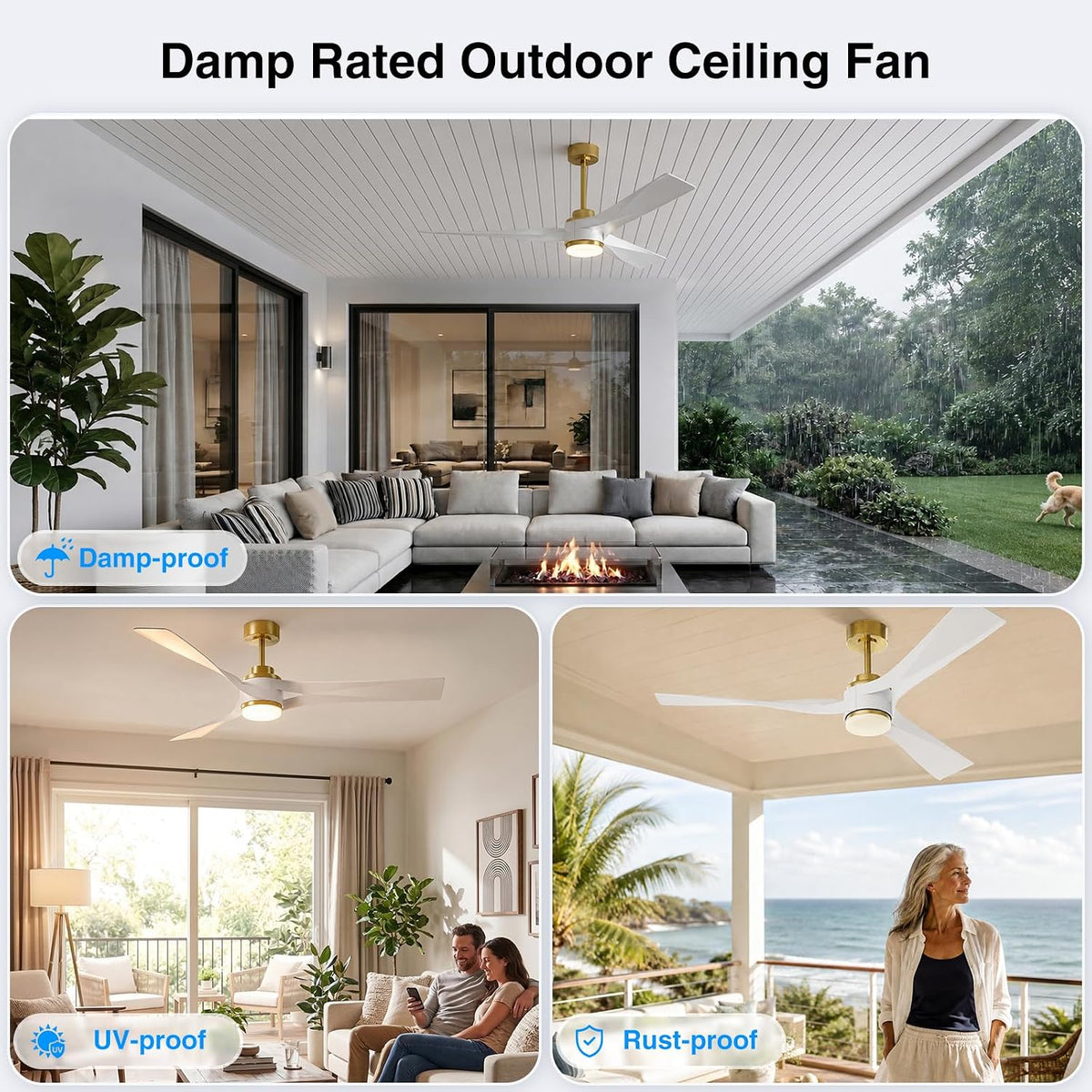 56 inch Modern Smart Ceiling Fan with Light, Gold White Outdoor Ceiling Fans for Patios with Alexa/Google/App and Remote Control, 3 Blade DC High CFM for Indoor Bedroom/Living Room/kitchen Ceiling Fan
