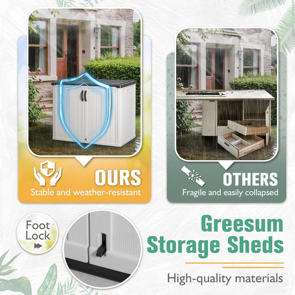 greesum 26 cuft outdoor storage cabinet with 2 on a desk or shelf