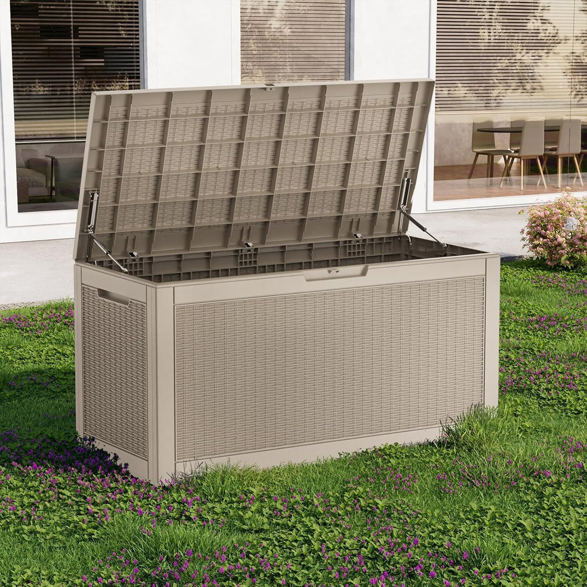 170 gallon resin deck box, lockable waterproof uv‑resistant, close-up detail