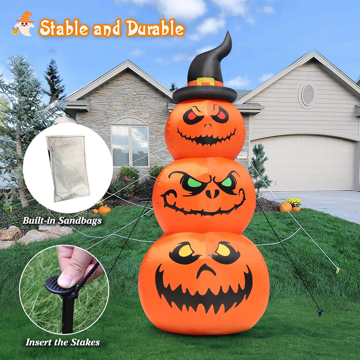 FunFanso 6 FT Halloween Inflatable Pumpkins Outdoor Yard Decorations, Blow up Pumpkins with Witch’s Hat and Bright LED Lights, Spooky Stacked Pumpkins for Garden Lawn Porch Holiday Indoor Party Home