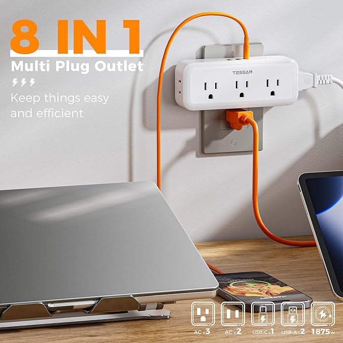 Multi Plug Outlet Splitter, TESSAN Multiple Plug Surge Protector, 5 Outlet