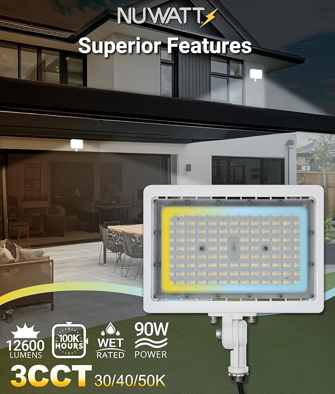 NUWATT 90W LED Flood Light, 3CCT 3000K/4000K/5000K Selectable, IP65 Waterproof