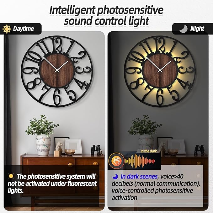 LEIKE Large Wall Clocks with Night Light Battery Operated, Silent Non Ticking
