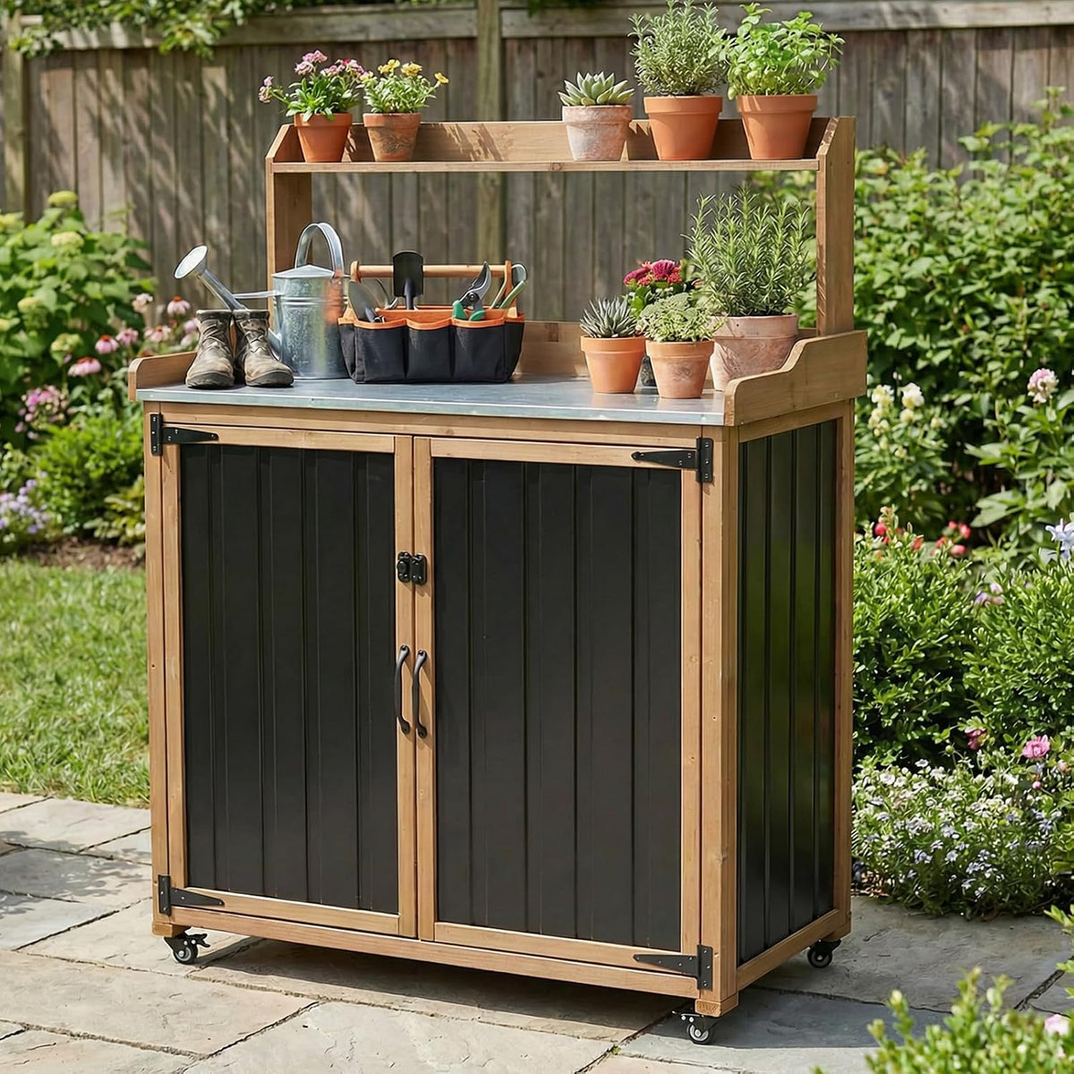 Outdoor Storage Cabinet with 4 Wheels and Handle, Metal & Wood Potting Bench Storage Cabinets with Waterproof Top, Removable Shelf, Potting Table & Workstation for Garden, Patio, Balcony, Garage