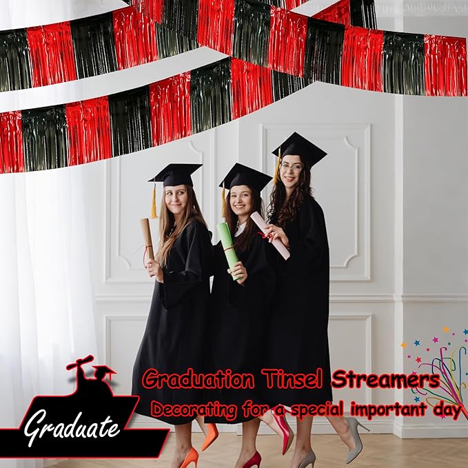 4 Pack 10 Feet Black Red Parade Floats Foil Fringe Garland Metallic Tinsel Streamers Banner Fringe Curtain Banner for Halloween Graduation Homecoming Birthday Party Decorations (Black, Red)