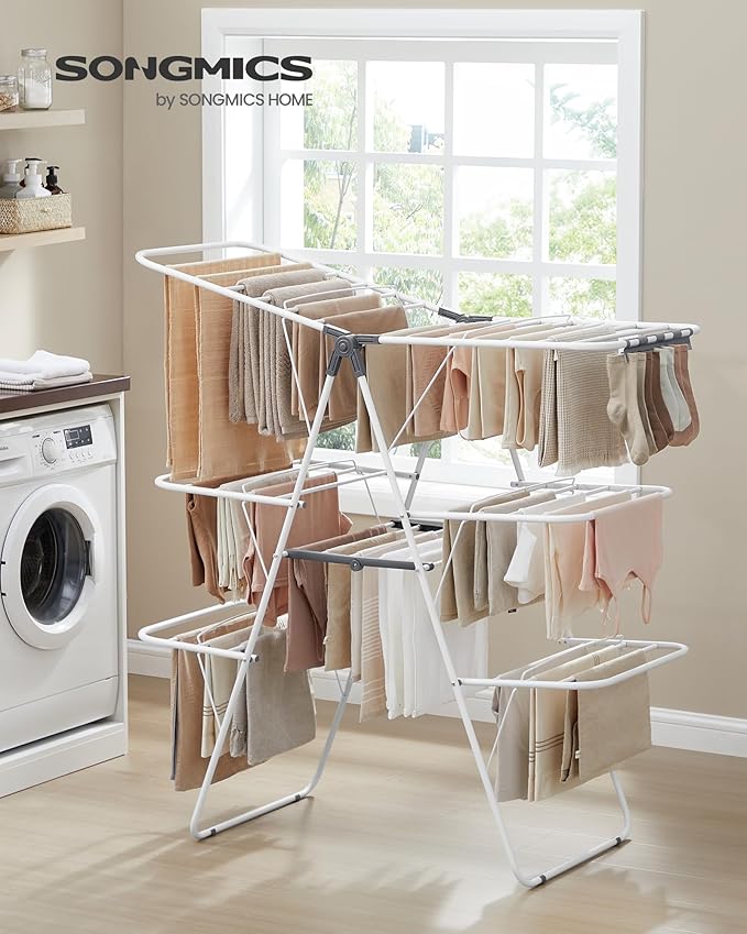 SONGMICS Clothes Drying Rack, Foldable 3-Level Laundry Rack, Free-Standing