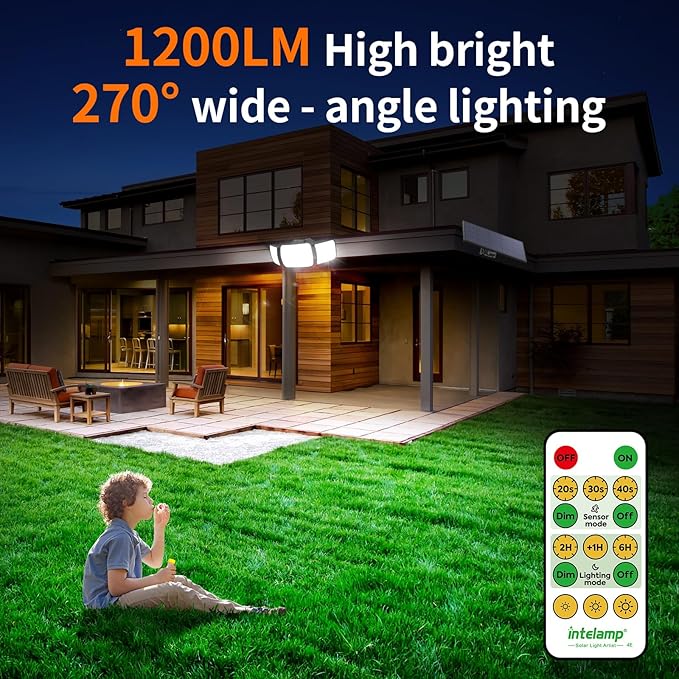 intelamp Solar Flood Lights Outdoor Waterproof, 2 Pack 6000mAh 1200LM Solar