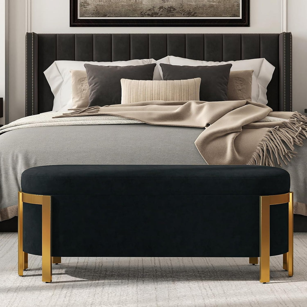 Hyfirm 48" Velvet Storage Bench with Gold Legs, Black