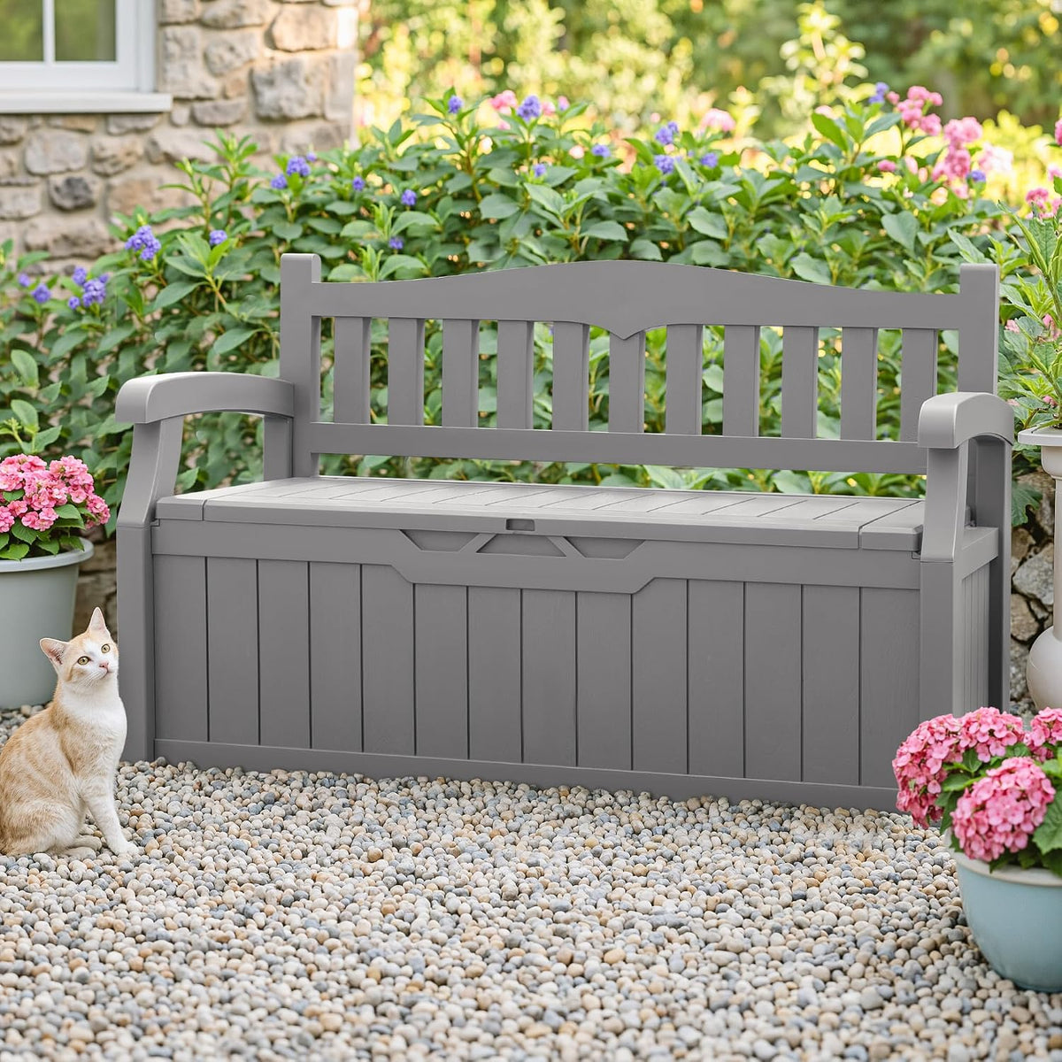 homall 75 gallon outdoor storage benches lockable deck shown in use