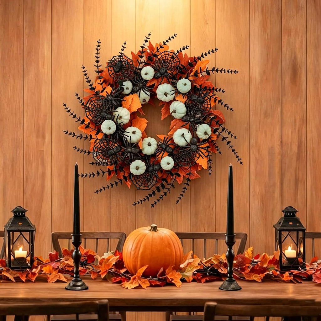 Idyllic 24" Halloween Wreath Pumpkins Maple Black Spiders for Front Door