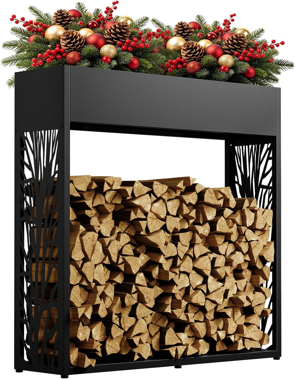 4ft Firewood Rack Outdoor, Fire Wood Log Storage with Planter Box for Indoor, Black