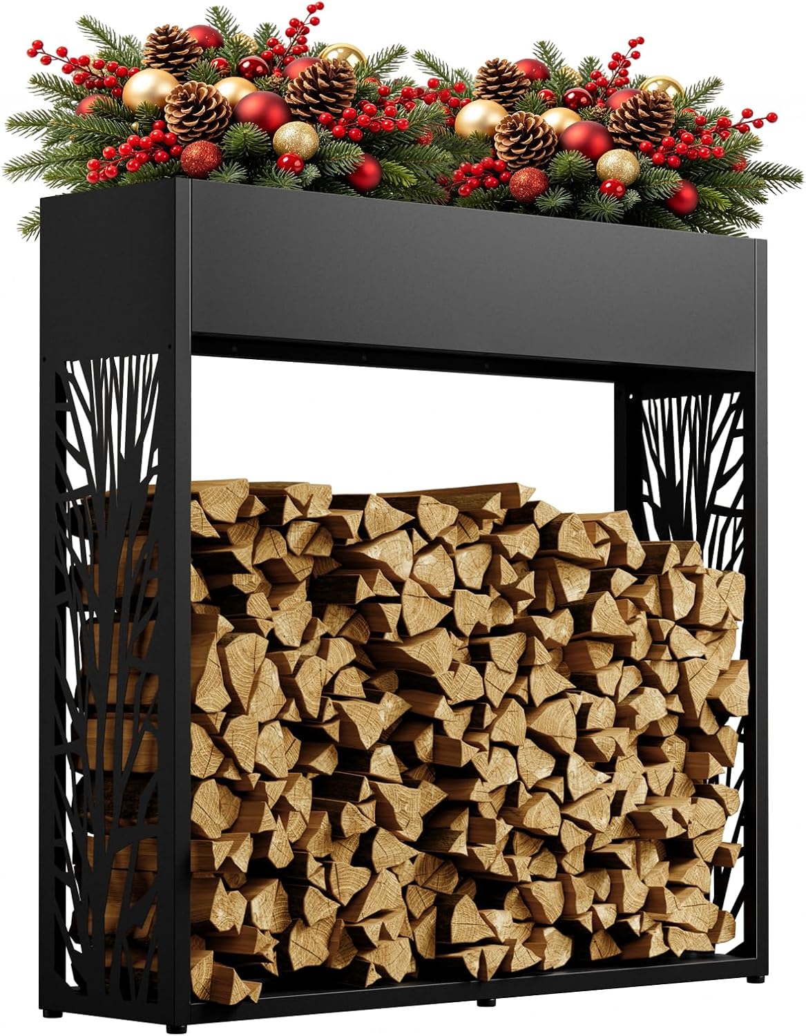 4ft Firewood Rack Outdoor, Fire Wood Log Storage with Planter Box for Indoor, Black
