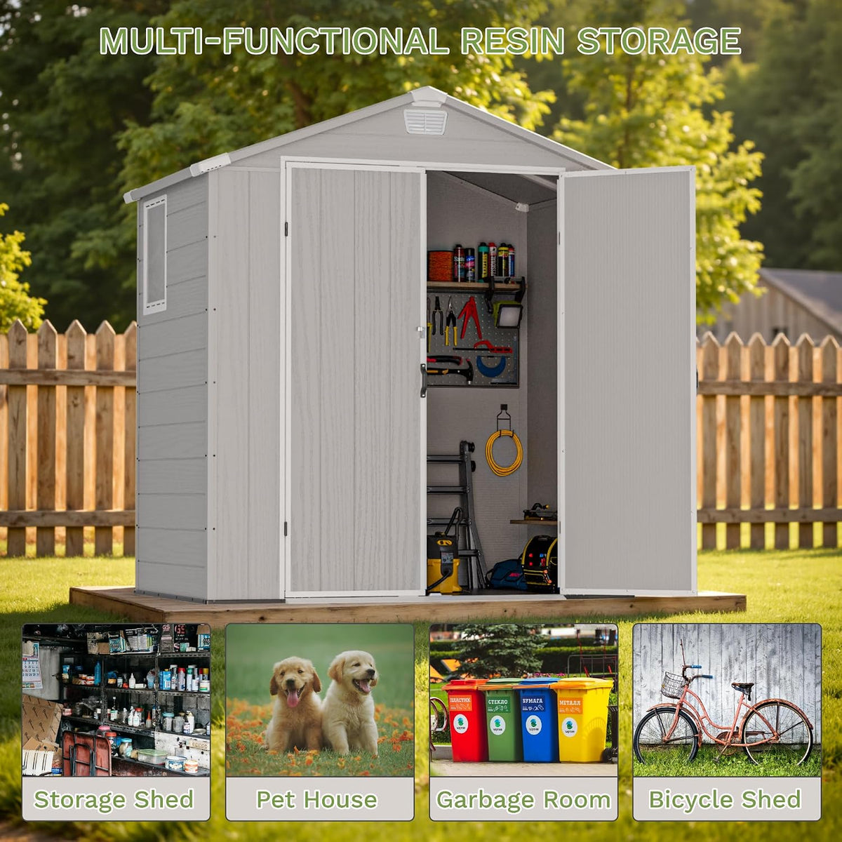 Greesum 6x4FT Plastic Outdoor Storage Shed with Floor, Light Gray