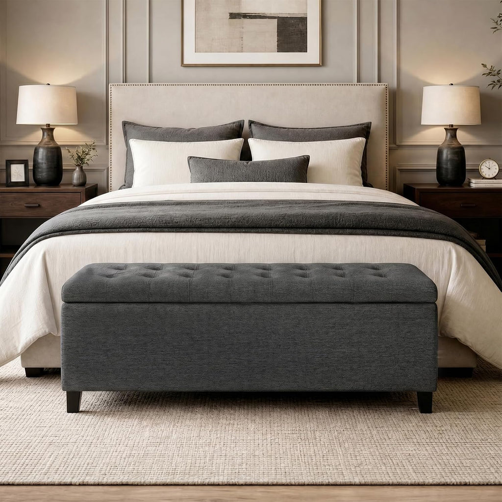 madison park 49" upholstered storage bench, button tufted, side view