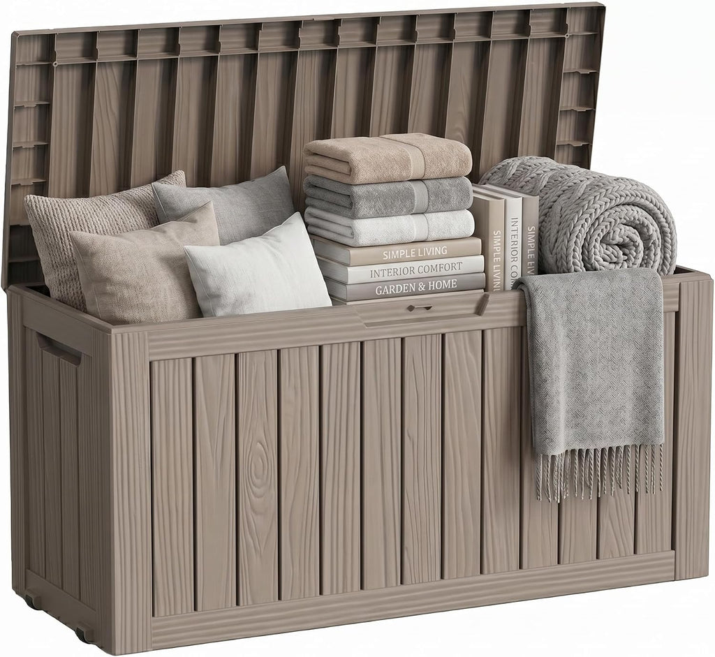 Resin Deck Box Outdoor Storage Box Waterproof for Patio Furniture,Outdoor Cushions,Garden Tools and Pool Supplies (Grey, 90 Gallon)