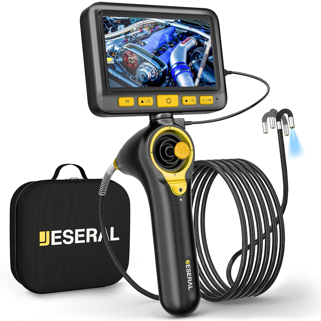 360°Articulating Borescope Camera - JESERAL 5" HD 1080P Inspection Camera Screen with 6 Light, Endoscope with 6.2mm IP67 Waterproof Probe, 3X Zoom 4-Way Borescope Engine with 1M Flexible Cable