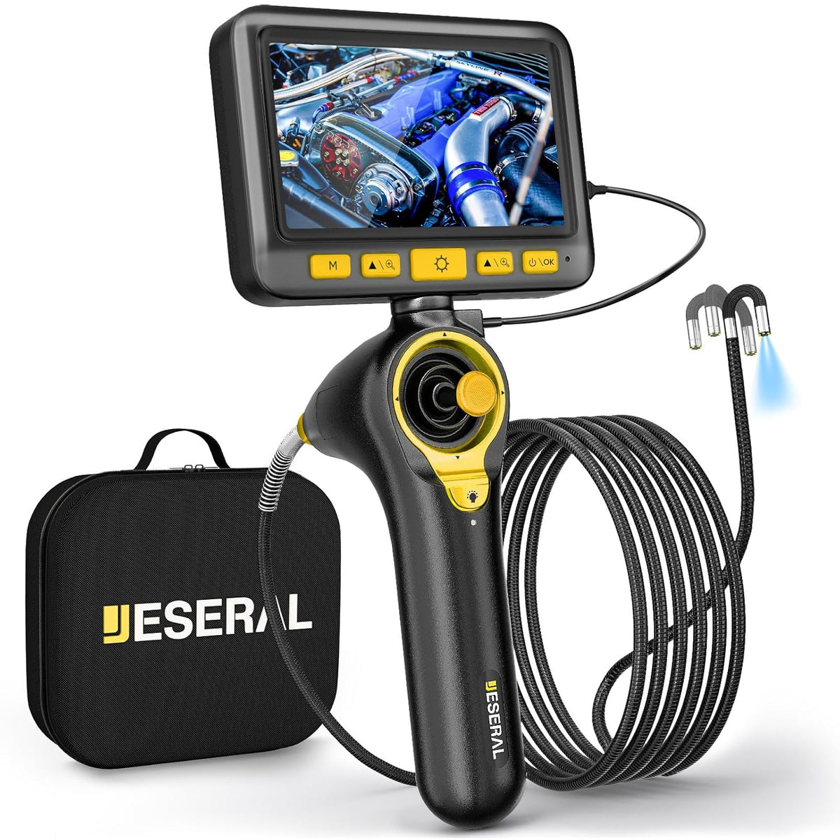 360°Articulating Borescope Camera - JESERAL 5" HD 1080P Inspection Camera Screen with 6 Light, Endoscope with 6.2mm IP67 Waterproof Probe, 3X Zoom 4-Way Borescope Engine with 1M Flexible Cable