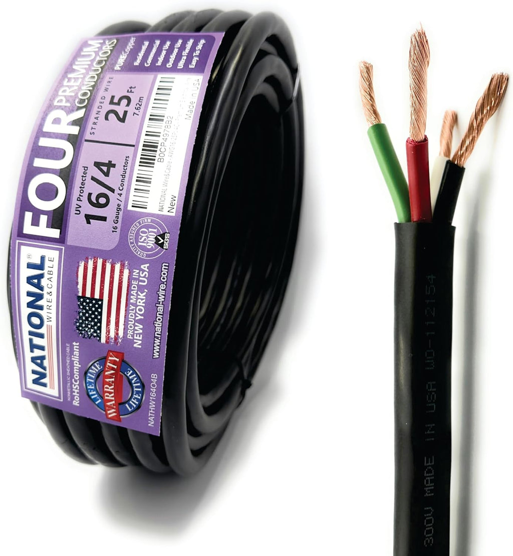 NATIONAL Wire & Cable – 16 AWG 4-Conductor Premium Copper Wire, 25 ft, Stranded