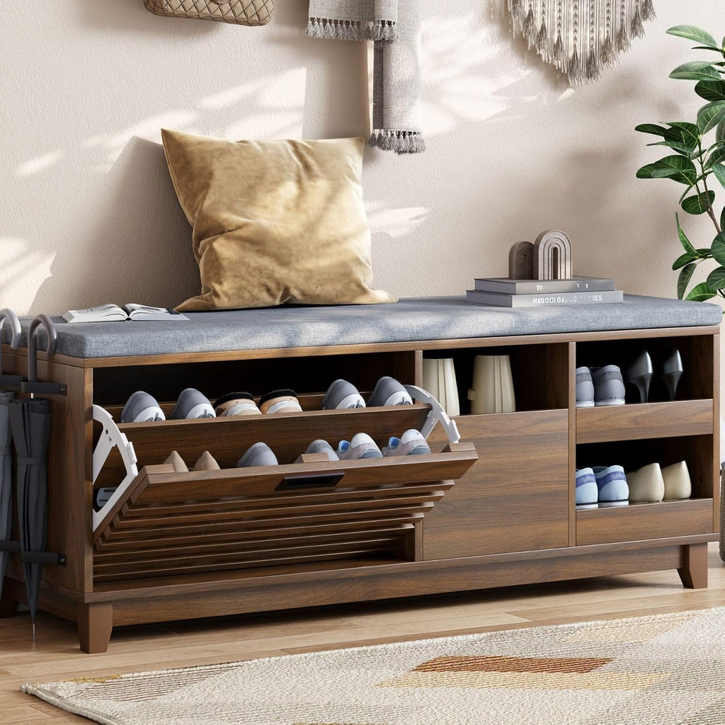 Loomie 47.2" Shoe Storage Bench with Flip Drawer, 2-Tier Entryway Bench