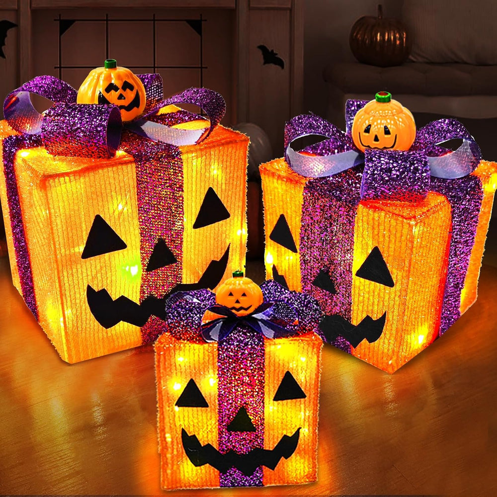 [ 8 Modes & Timer ] 3 Pack Halloween Decorations Lighted Pumpkin Gift Box