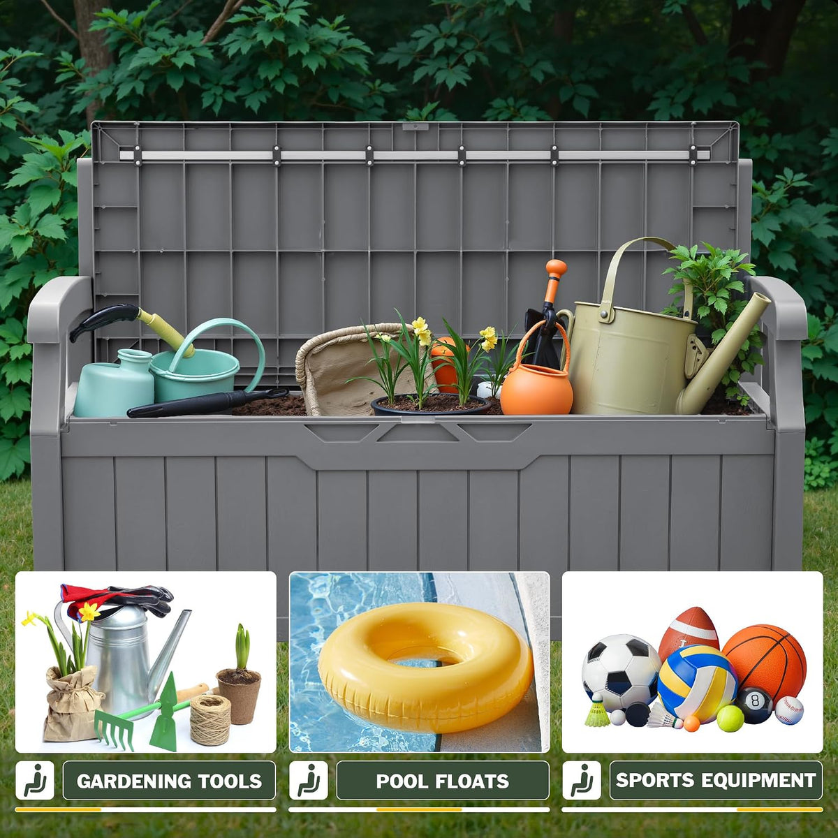 flamaker 80 gallon storage bench, deck box with showing dimensions