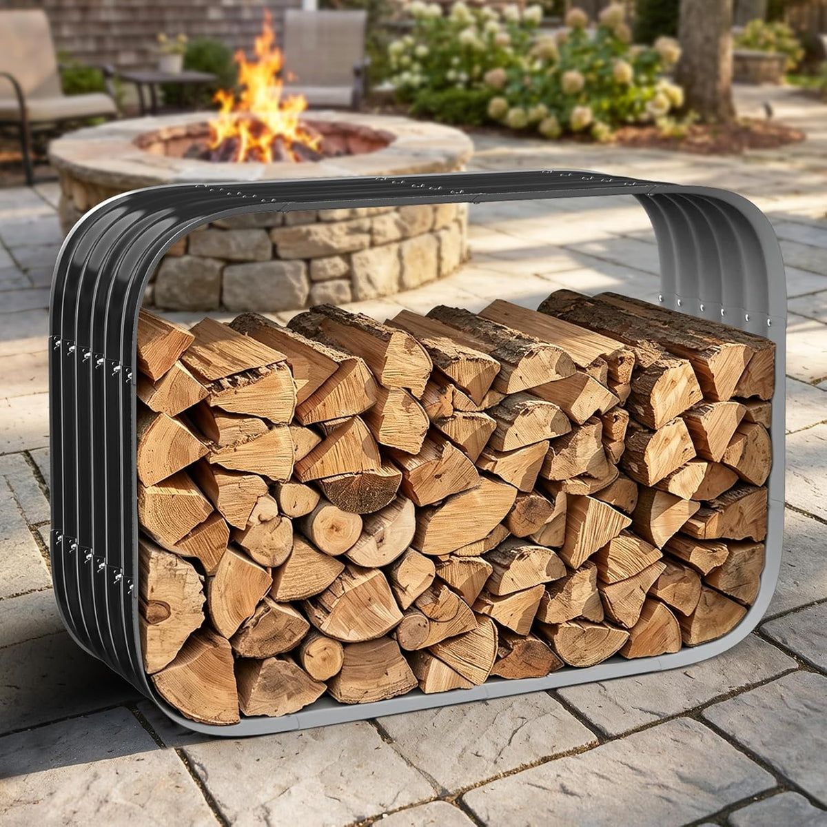 40" Cuboid Metal Sheet Firewood Rack Outdoor or Indoor Use, Black