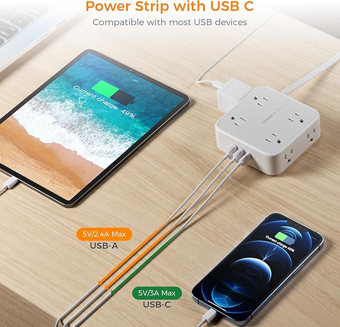 Flat Plug Long Extension Cord 25 Ft, TESSAN Power Strip Surge Protector