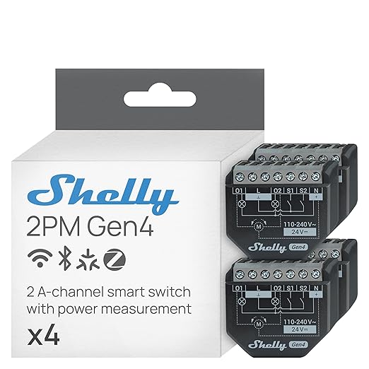 Shelly 2PM Gen4 | Wi-Fi, Zigbee & Matter 2-Channel Smart Relay Switch (4 Pack)