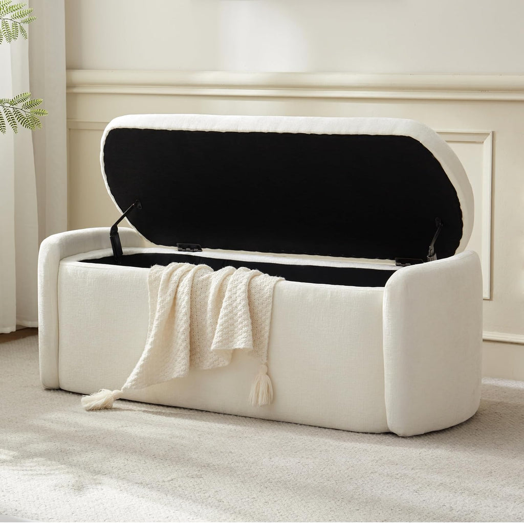 VKNOW Storage Bench, Upholstered Storage Ottoman Bench with Hinge, Cream