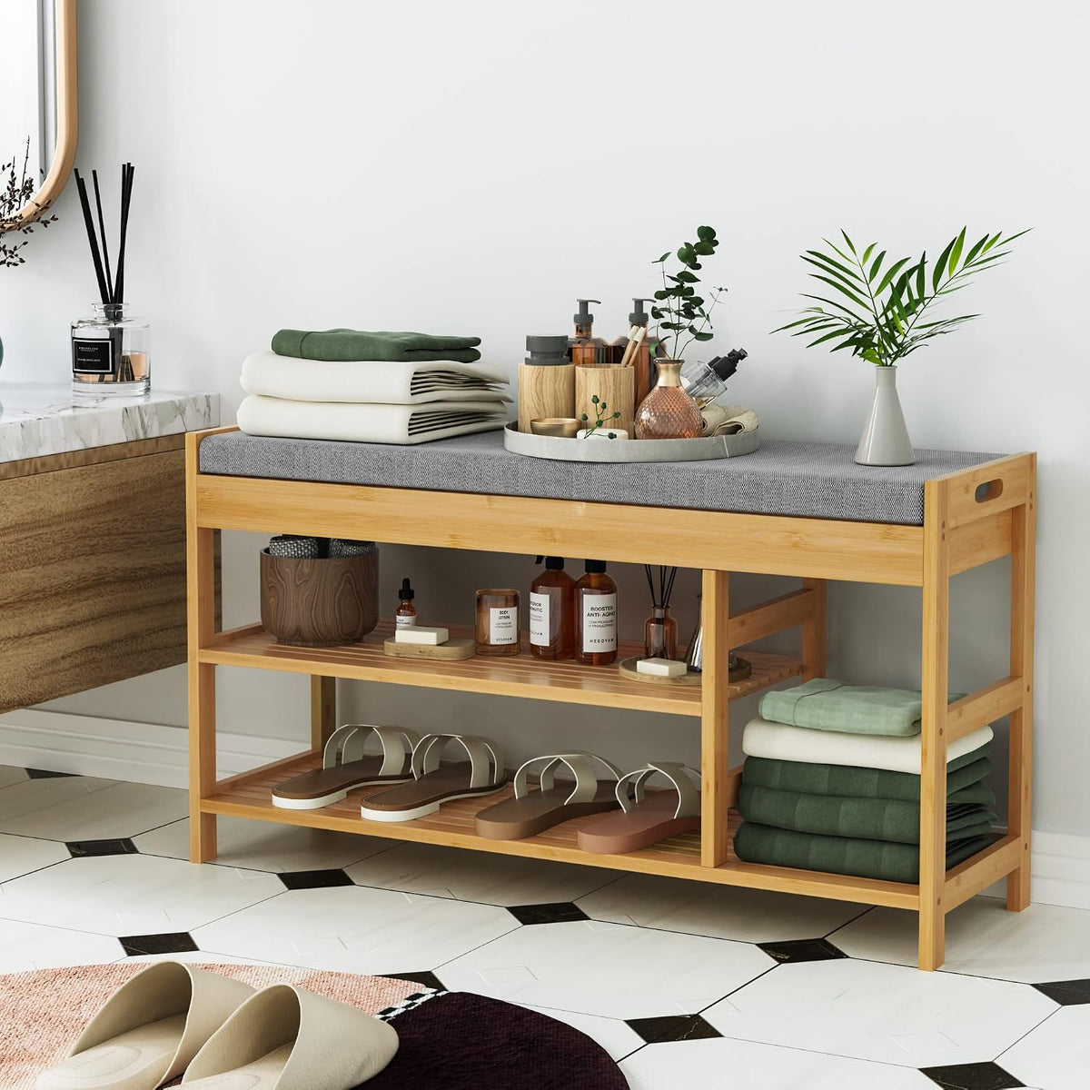 2-Tier Shoe Rack Bench with Flip-Top Storage, 36" Entryway Bench with Seat