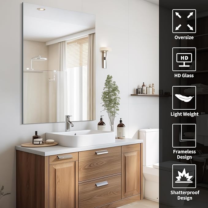 CILIBER Frameless Mirror, 30x48 inch Rectangle Bathroom Mirrors