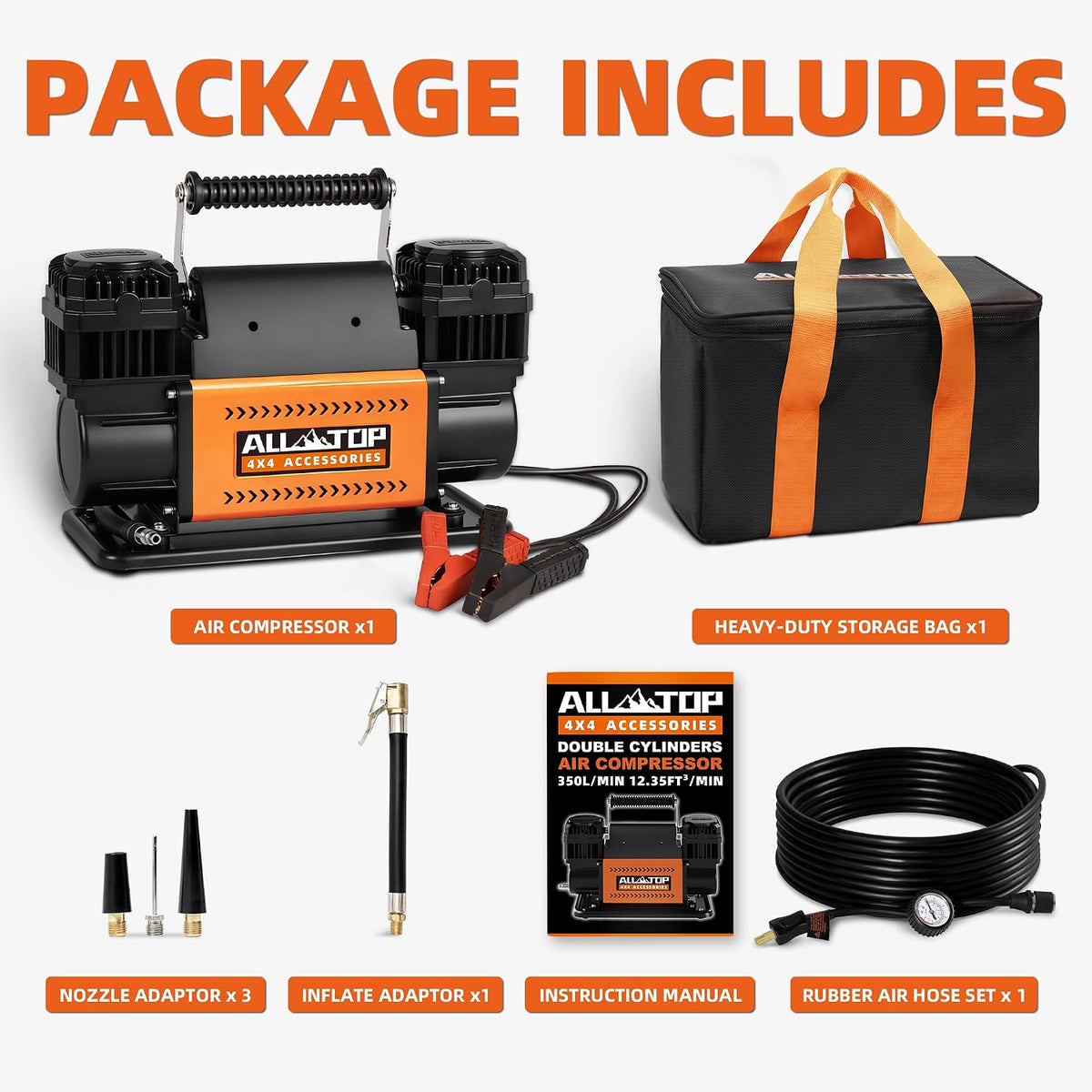 ALL-TOP Air Compressor Kit, Dual Cylinder 12V Portable Inflator 12.35 ft³/Min, Offroad Air Compressor Pump for Truck Tires, Heavy Duty Max 150 PSI for 4x4 Vehicle & RV