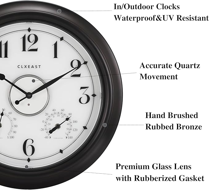 CLXEAST Illuminated Indoor Outdoor Clocks Waterproof 18 inch