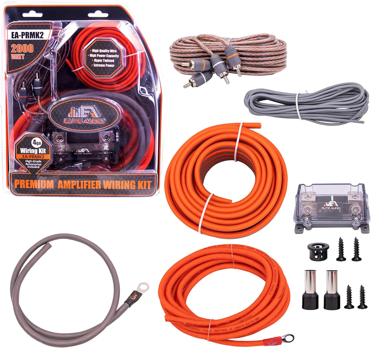Elite Audio Premium 4 Gauge CCA Amplifier Installation Wiring Amp Kit, 2000