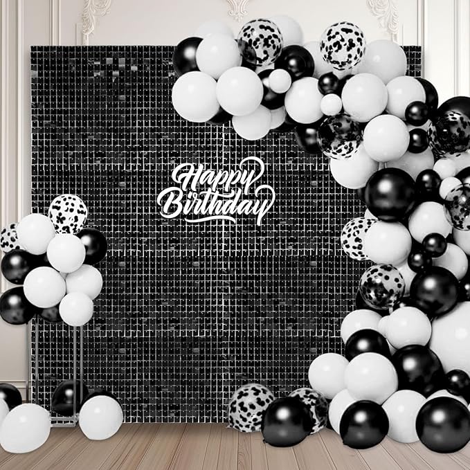 12PCS Black Shimmer Wall Backdrop, Square Sequin Photo Backdrops Panel, Glitter Wall Background for Birthdays, Weddings, Halloween, Engagements, Disco Bachelorette Party Decoration (3FTx4FT)