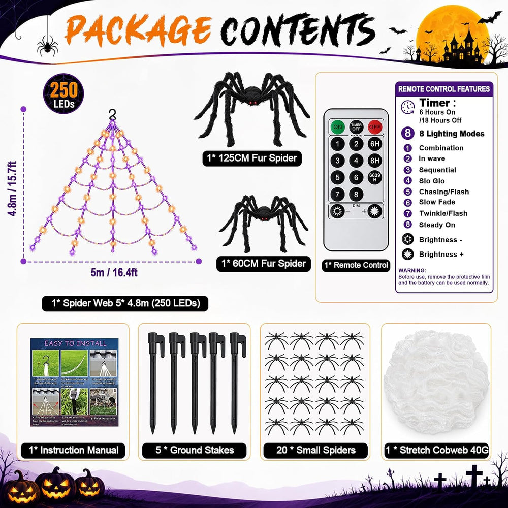 Halloween Decorations Spider Web Lights Outdoor+60CM/125CM Fake Spider
